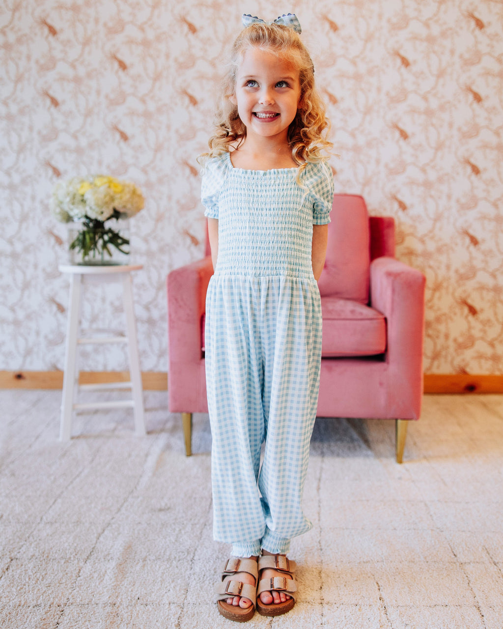 Smocked Romper - Blue Gingham Cotton Lined Puff Sleeves Ankle