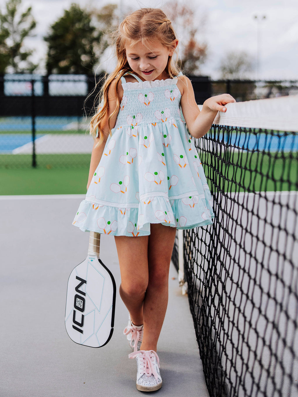 Smocked Dress - Pickleball Cotton Lined Lace Shoulder Ties