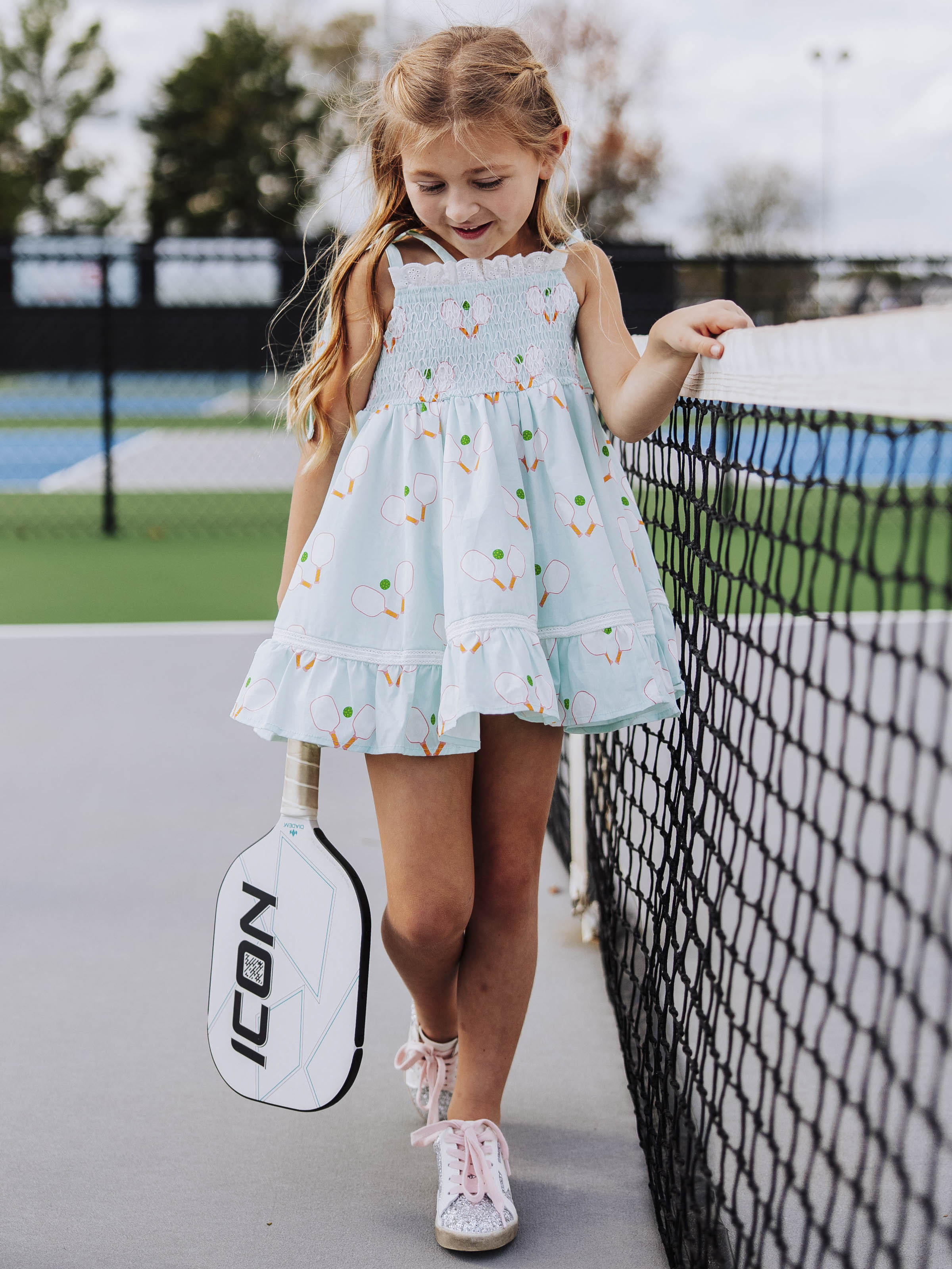 Smocked Dress - Pickleball Cotton Lined Lace Shoulder Ties