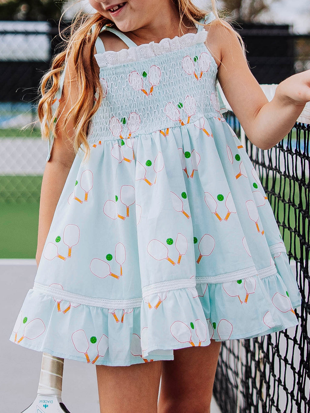 Smocked Dress - Pickleball Cotton Lined Lace Shoulder Ties