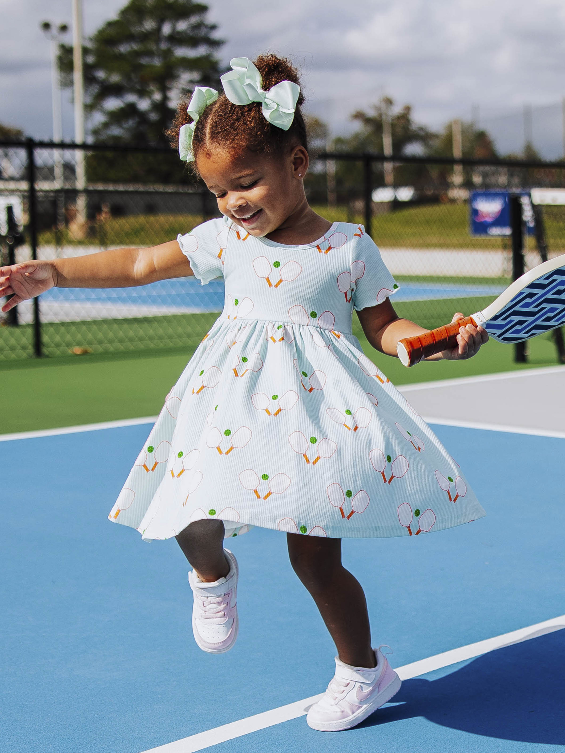Ribbed Knit Dress - Pickleball Print Lined Bodice Lettuce Hem