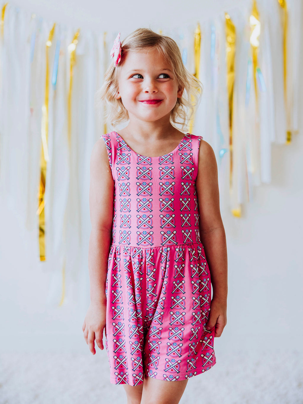 Short Leggy Romper - Baseball Bats Pink Lined Pockets