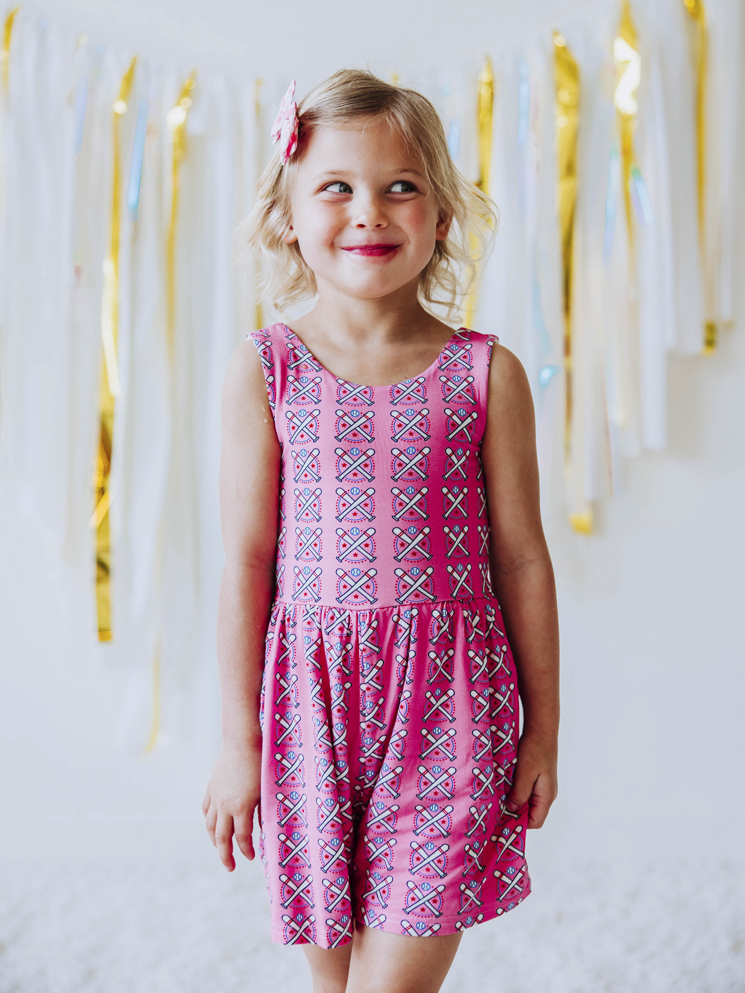 Short Leggy Romper - Baseball Bats Pink Lined Pockets