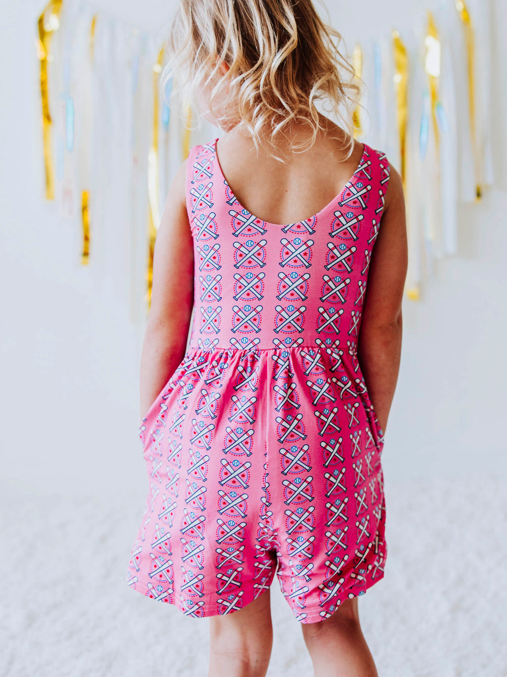 Short Leggy Romper - Baseball Bats Pink Lined Pockets