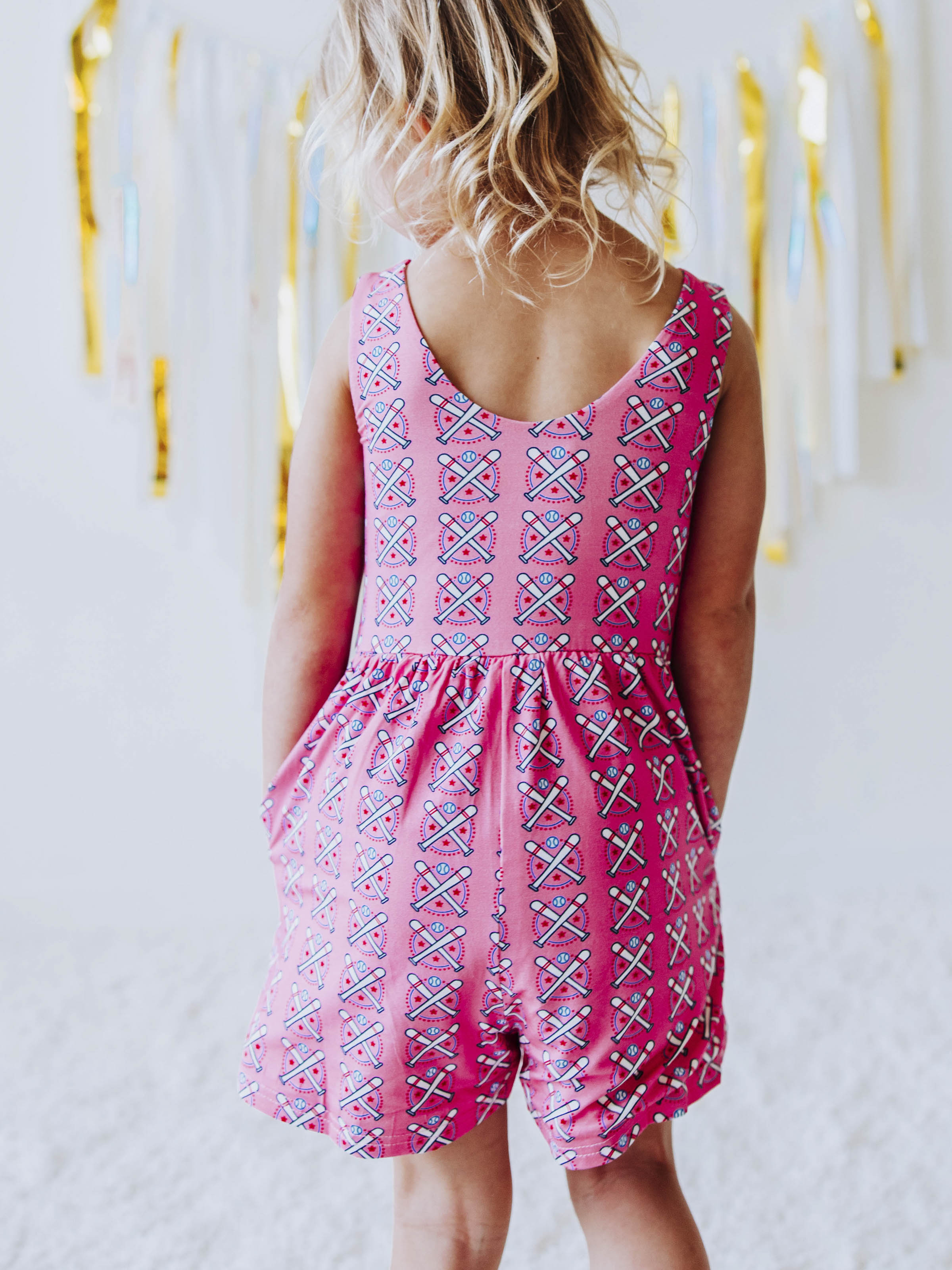 Short Leggy Romper - Baseball Bats Pink Lined Pockets
