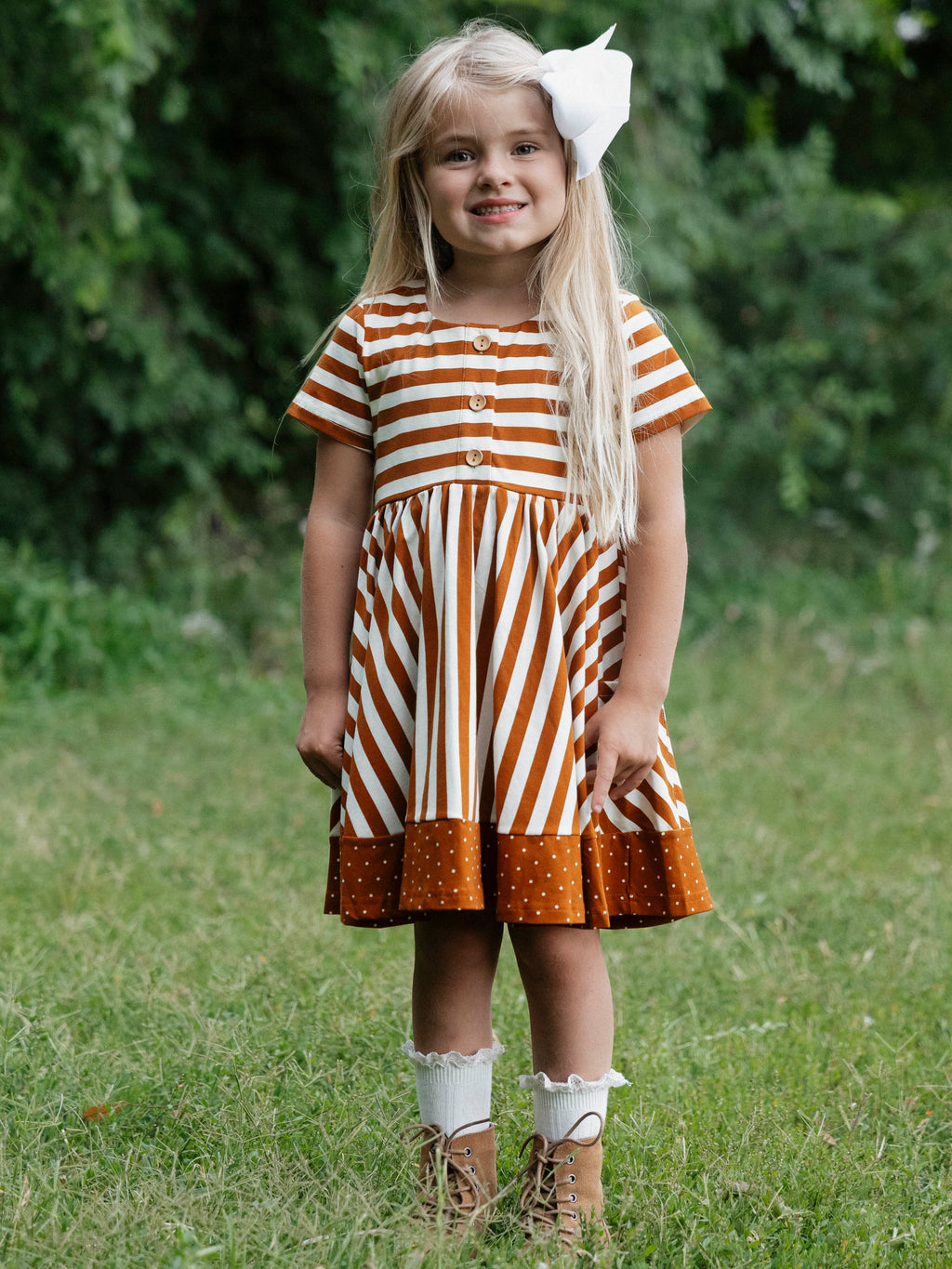 Playdate Dress - Pumpkin Spice Stripe Lined Bodice Buttons