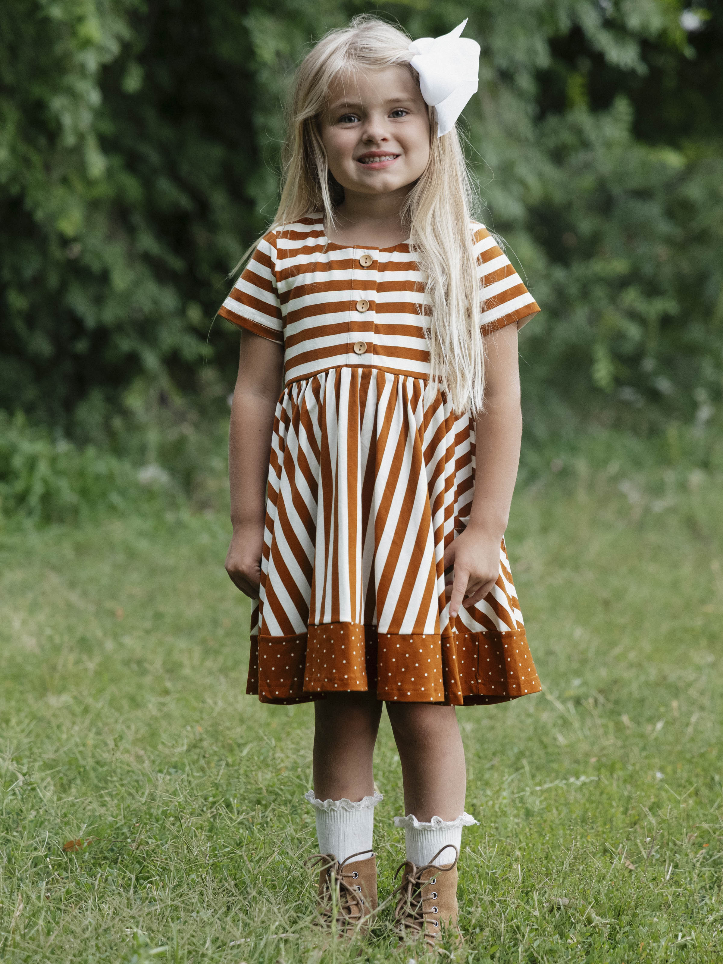 Playdate Dress - Pumpkin Spice Stripe Lined Bodice Buttons