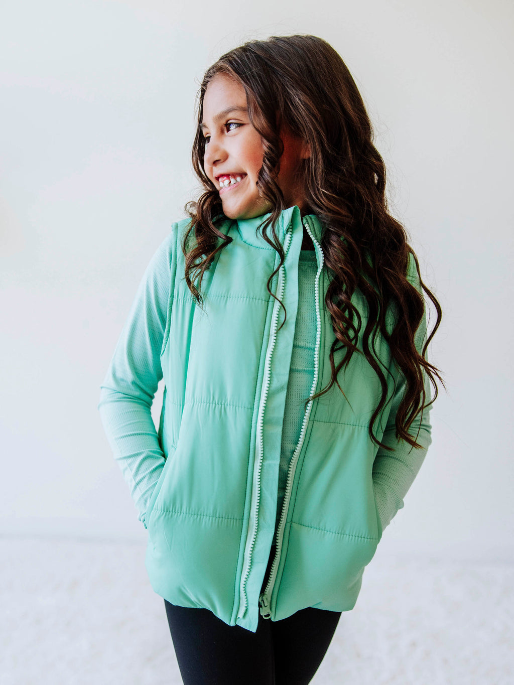 Puffer Vest - Seafoam Green Zip Lined Side Pockets