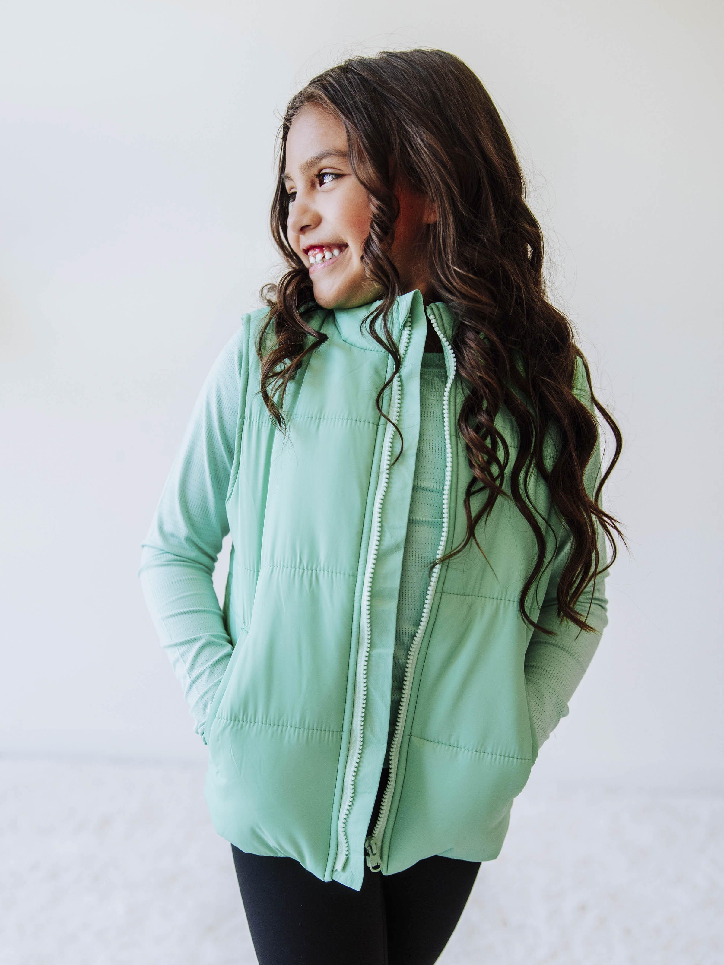 Puffer Vest - Seafoam Green Zip Lined Side Pockets