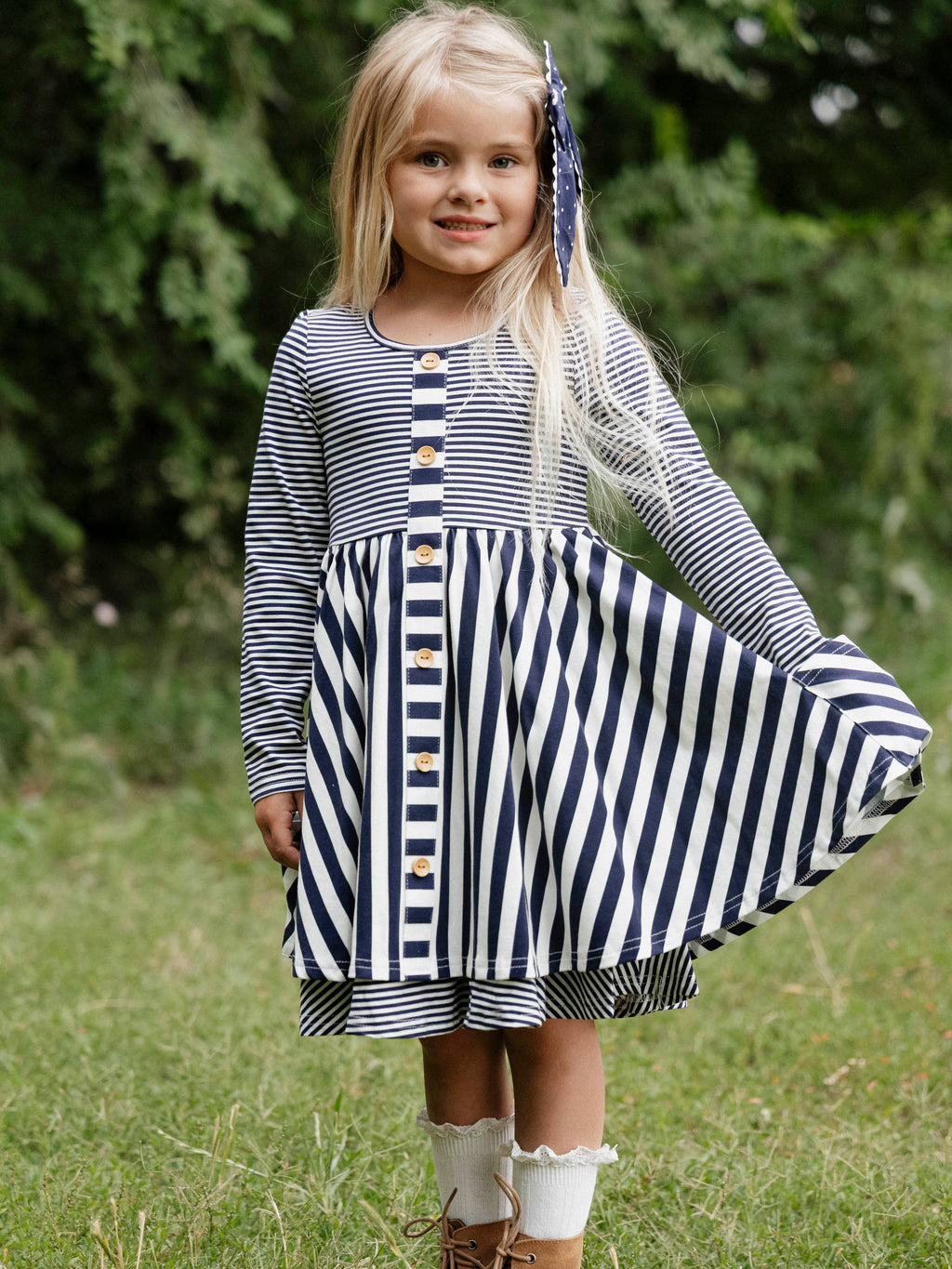 Button Front Dress - Navy Stripes Lined Bodice Double Skirt