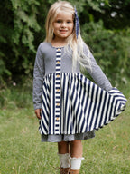 Button Front Dress - Navy Stripes Lined Bodice Double Skirt