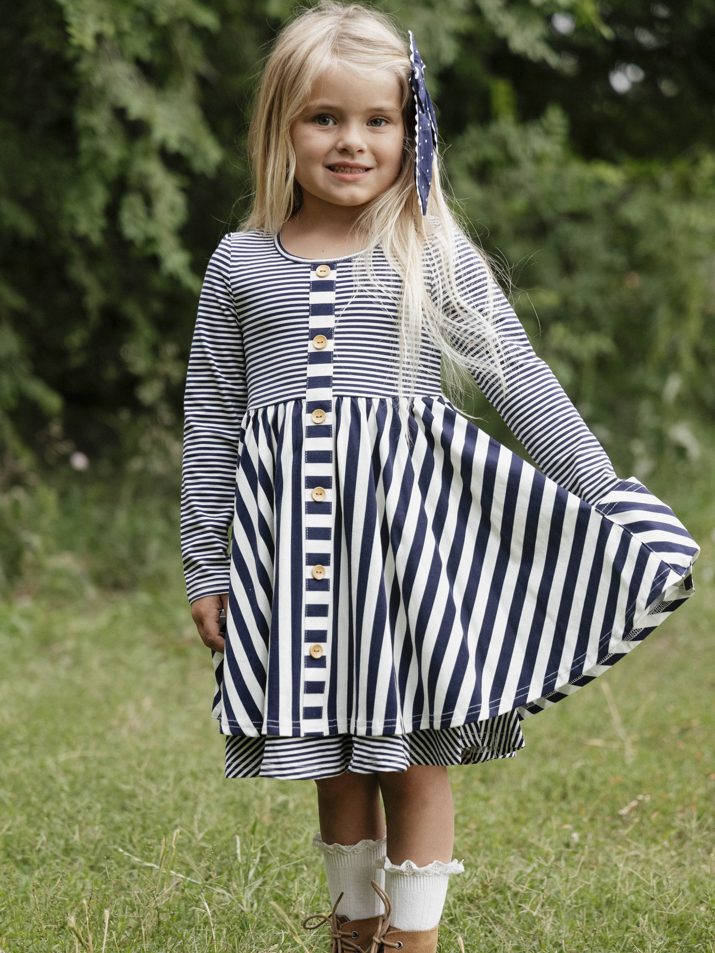 Button Front Dress - Navy Stripes Lined Bodice Double Skirt