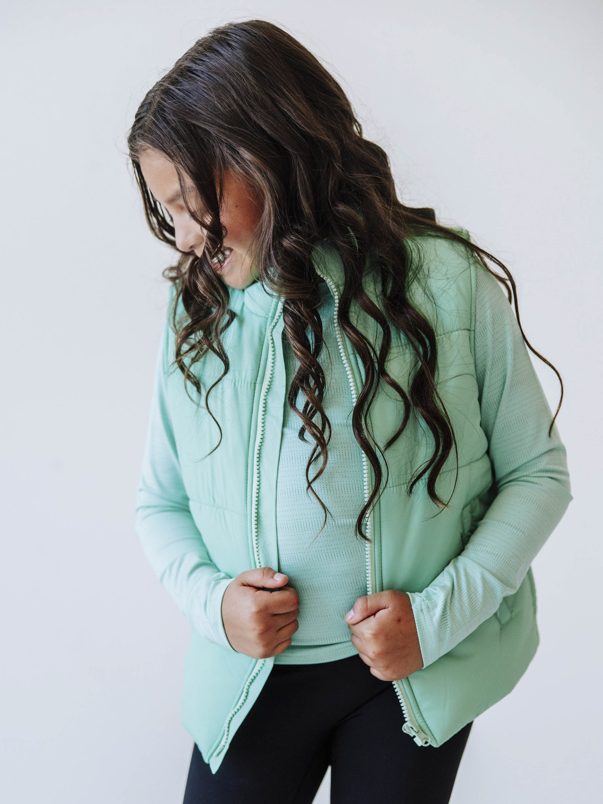 Puffer Vest - Seafoam Green Zip Lined Side Pockets