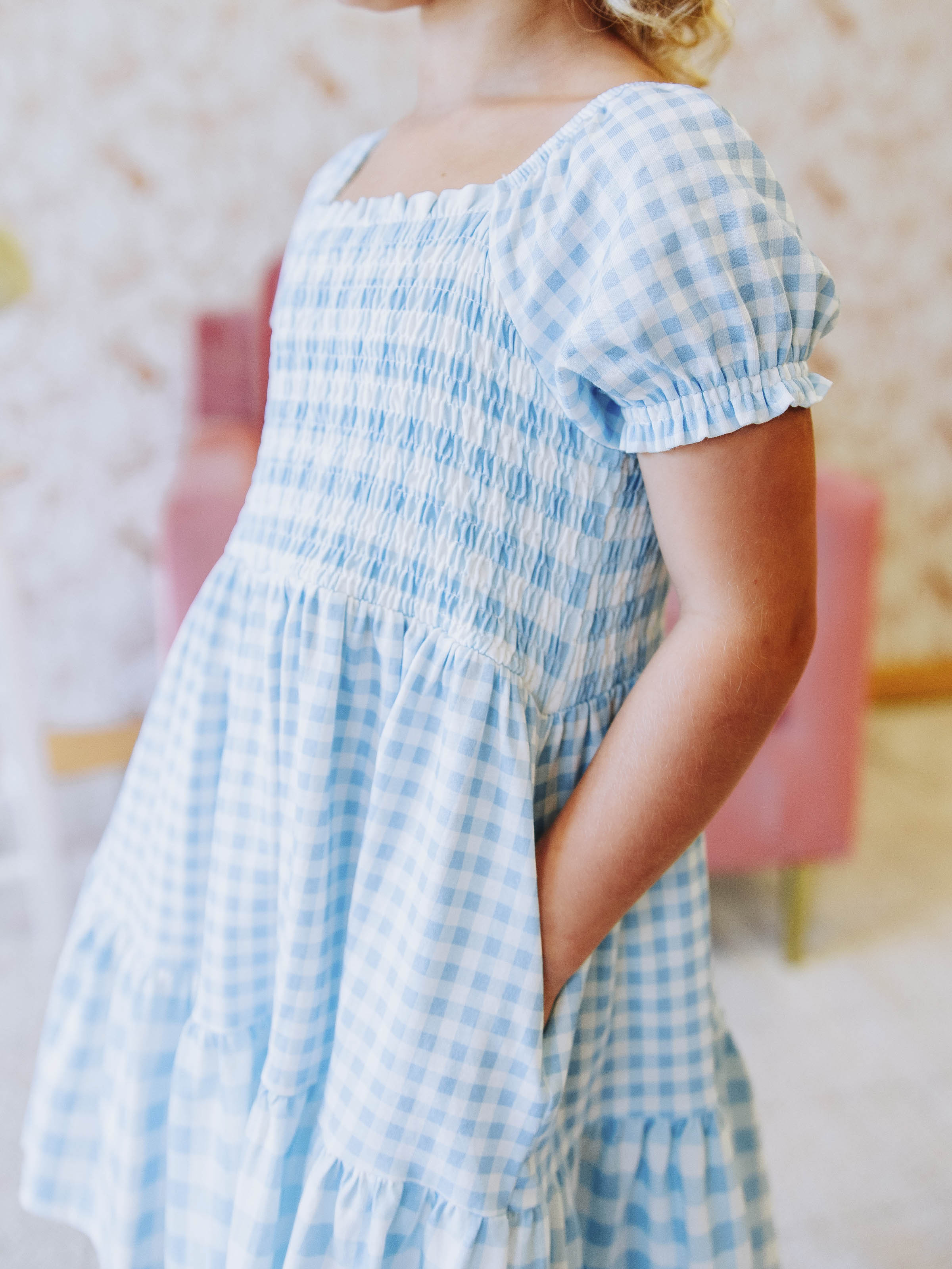 Puff Sleeve Dress - Blue Gingham Cotton Smocked Hidden Pockets