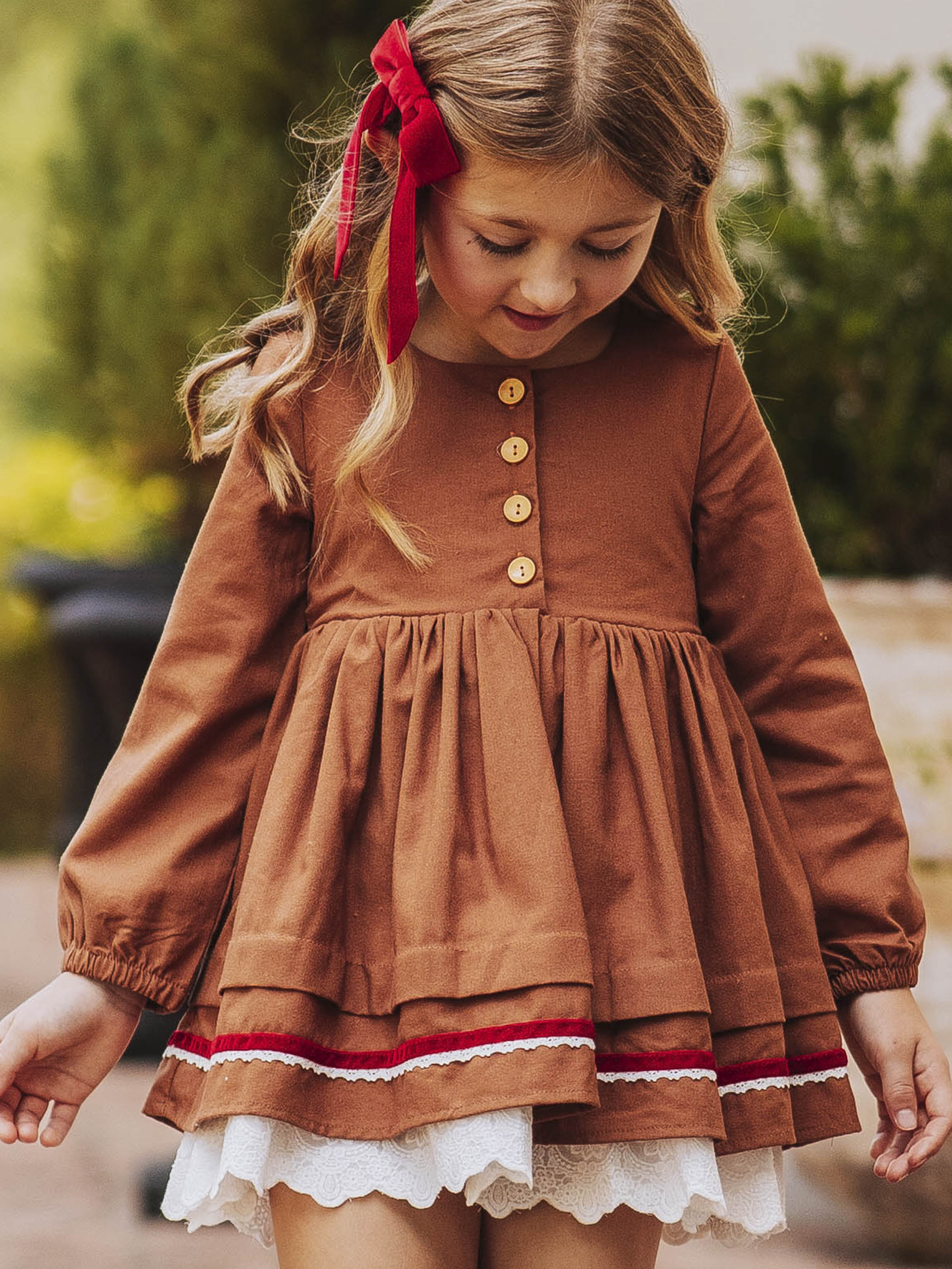 Linen Dress - Gingerbread Lined Eyelet Velvet Trim Size Up
