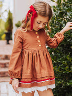 Linen Dress - Gingerbread Lined Eyelet Velvet Trim Size Up