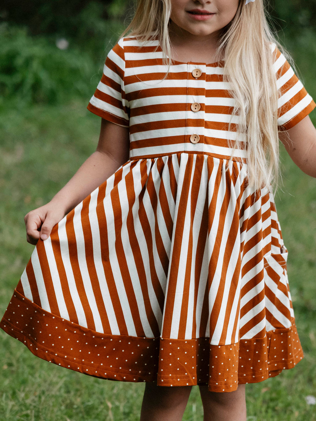 Playdate Dress - Pumpkin Spice Stripe Lined Bodice Buttons