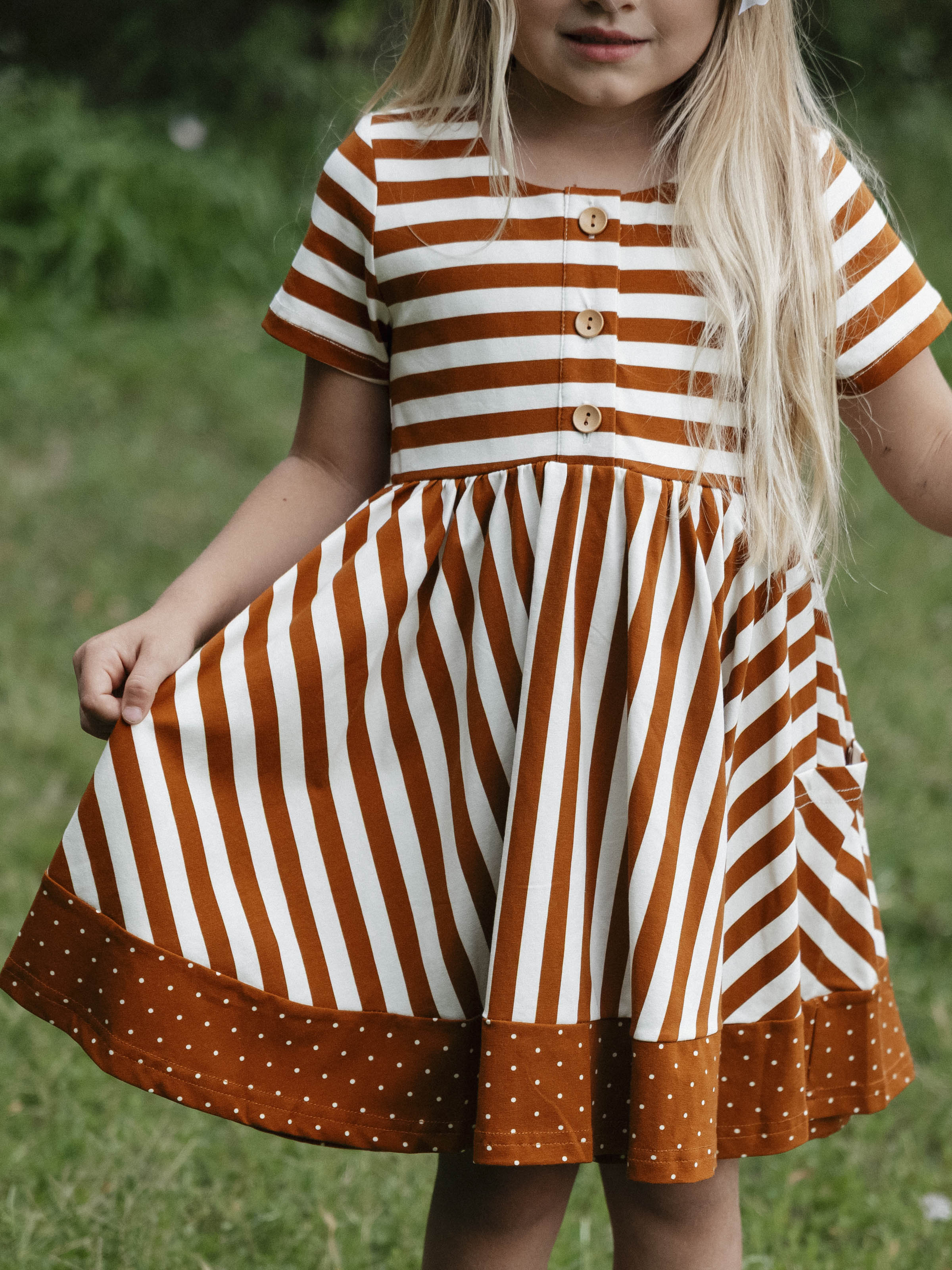 Playdate Dress - Pumpkin Spice Stripe Lined Bodice Buttons