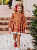 Linen Dress - Gingerbread Lined Eyelet Velvet Trim Size Up