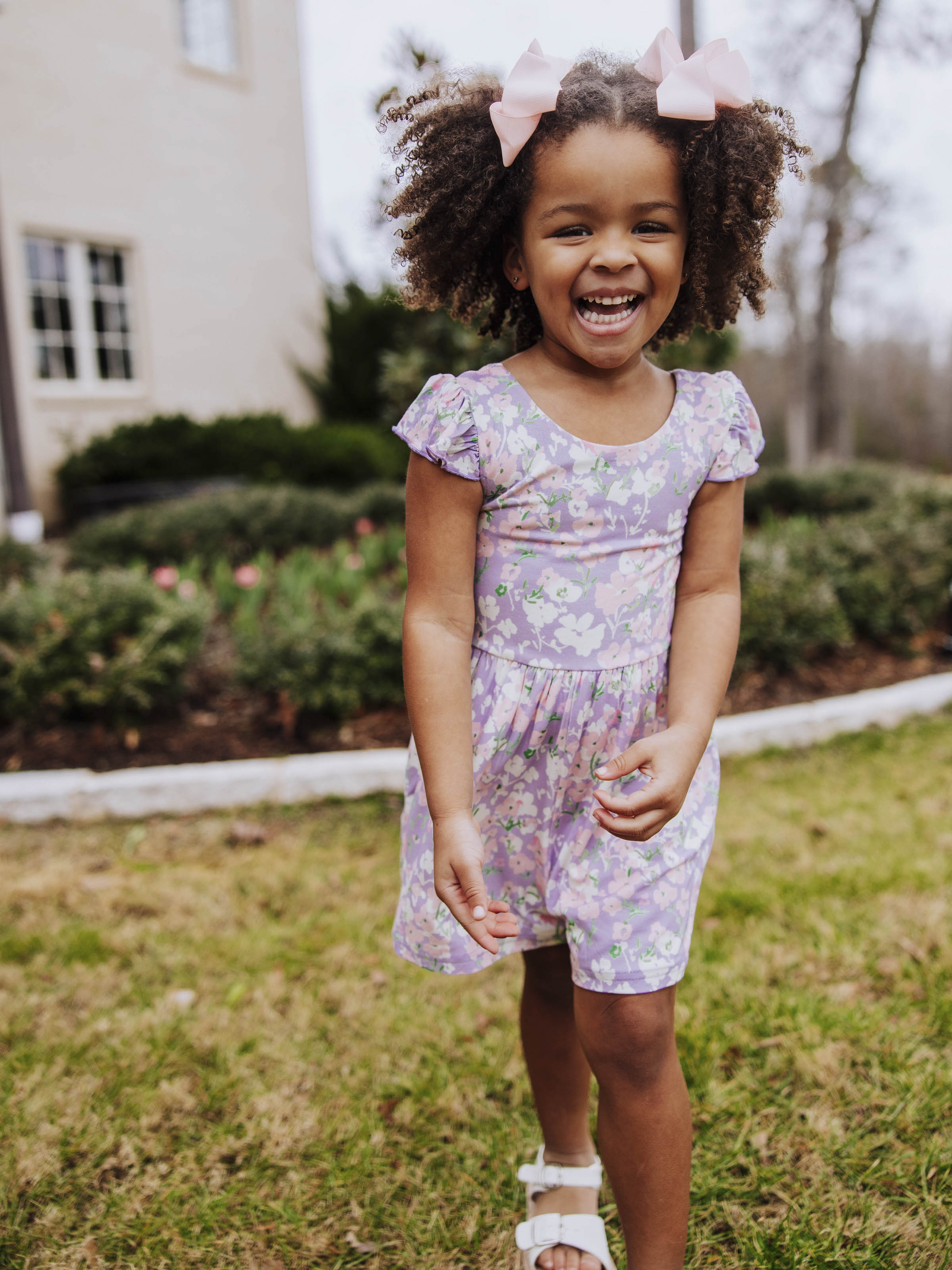 Short Leggy Romper - Pastel Blooms Lined Pockets Ruffled Legs