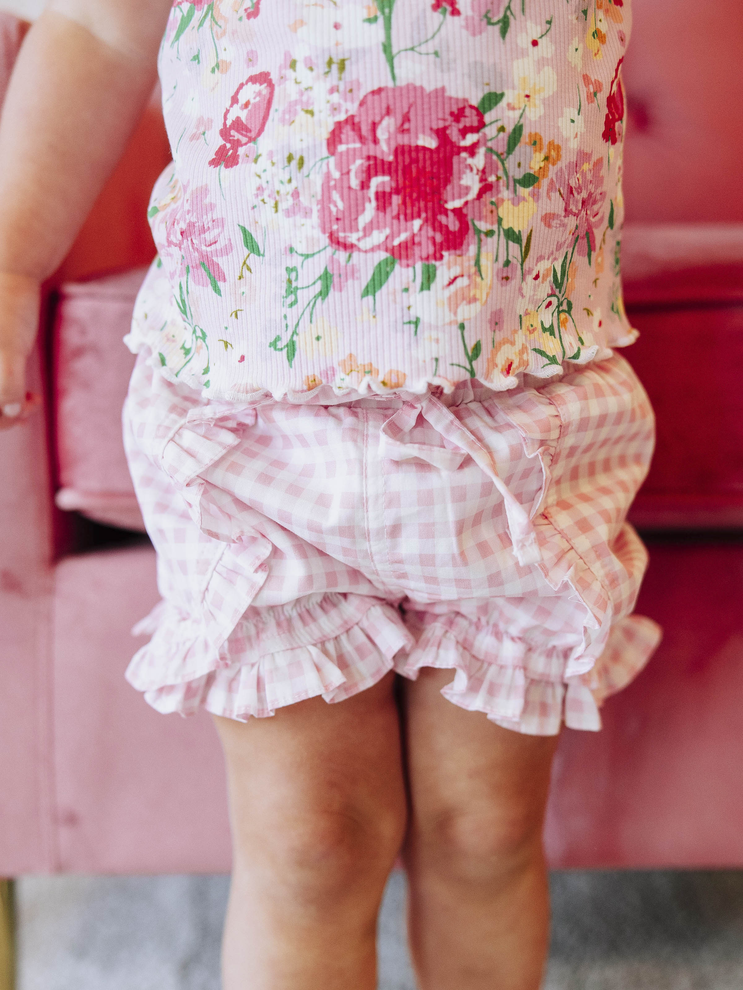 Ruffled Shorts - Pink Gingham Cotton Lined Button Closure