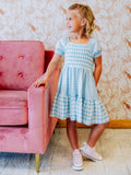 Puff Sleeve Dress - Blue Gingham Cotton Smocked Hidden Pockets