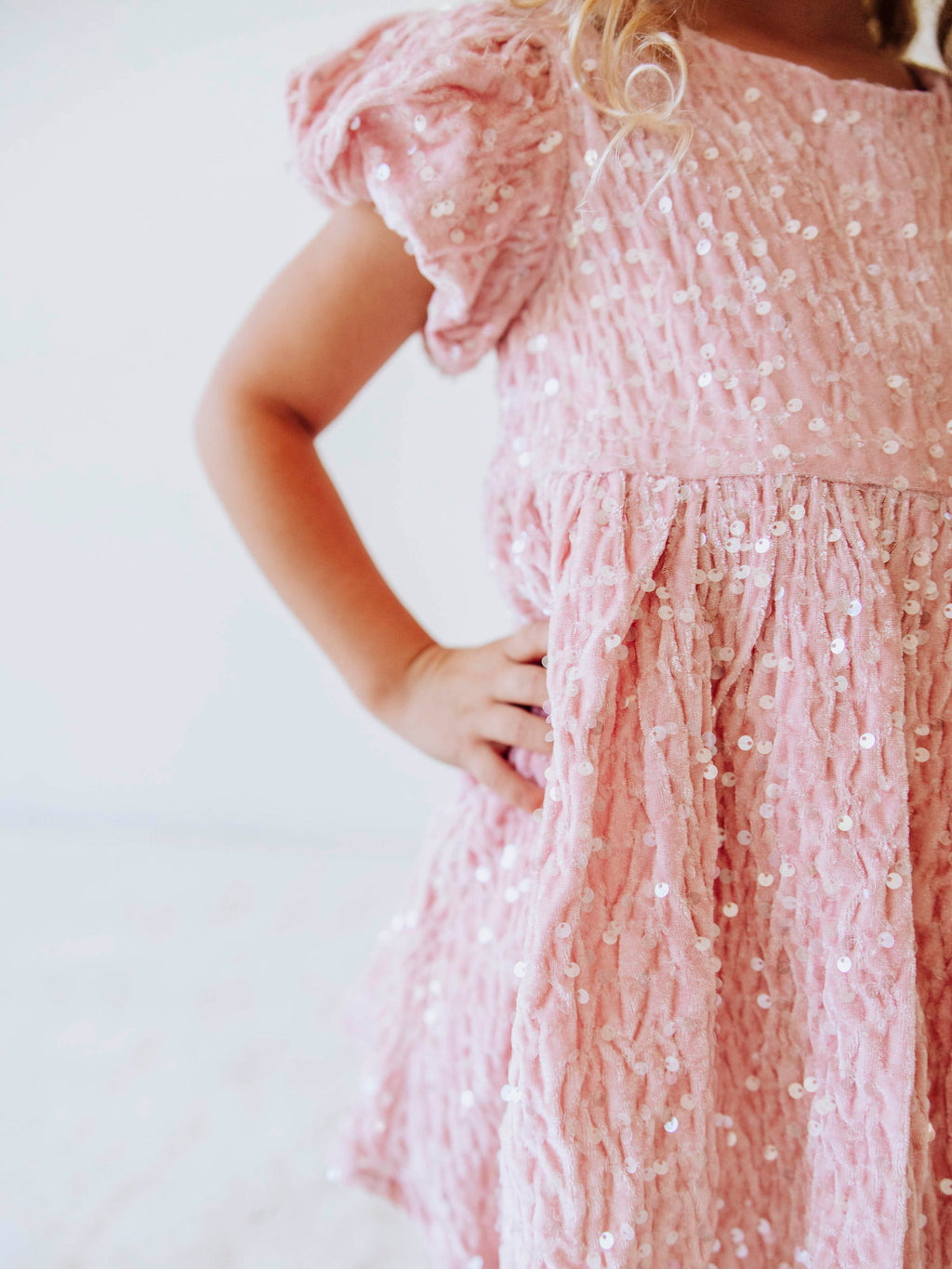 Sequin Dress - Pink Shimmer Polyester Velvet Zip Puff Sleeve