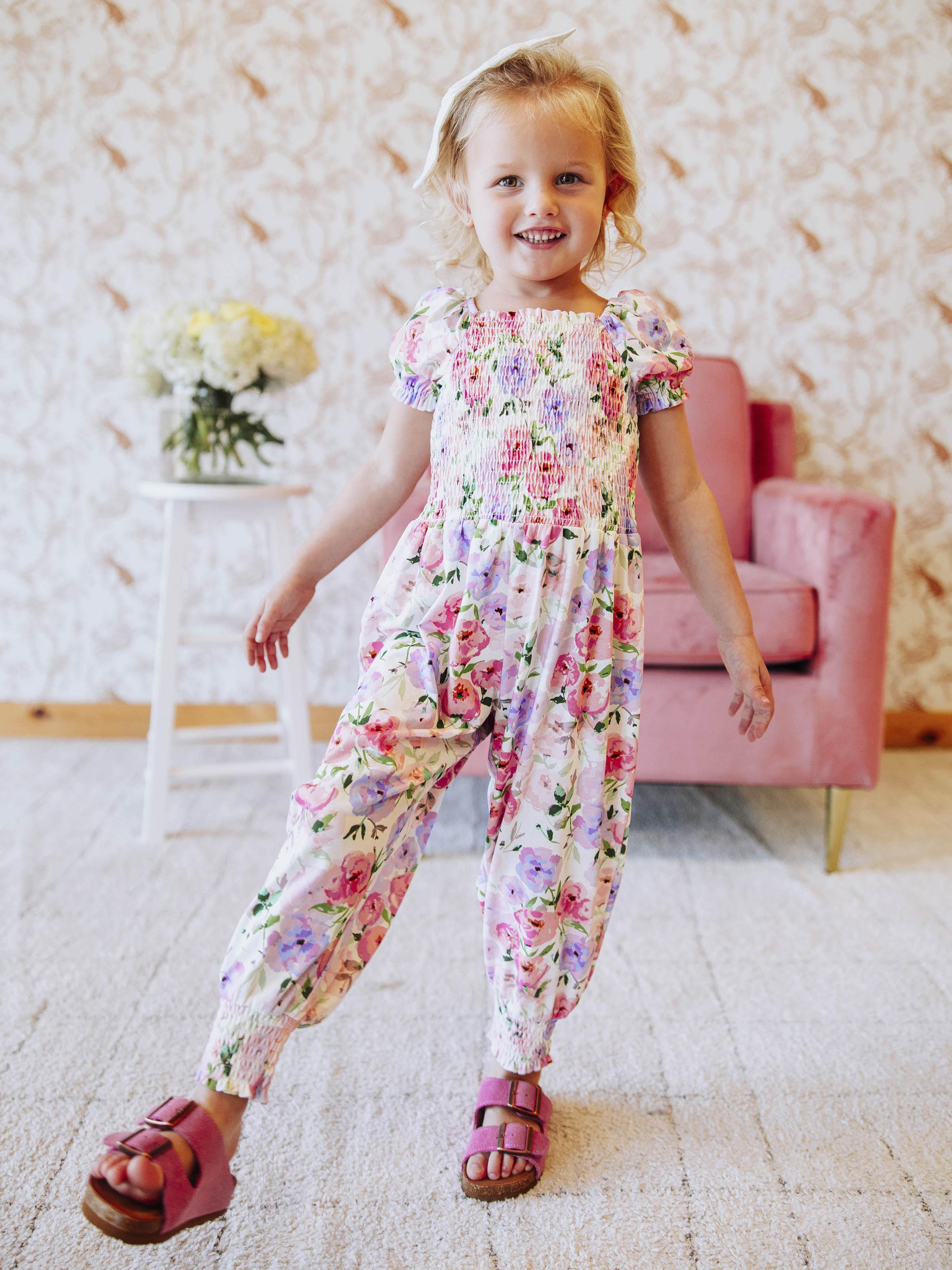 Smocked Romper - Soft Bliss Cotton Lined Elastic Ankle Puff Sleeves