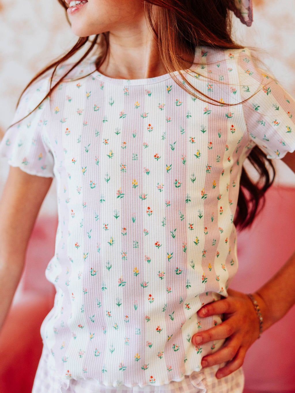 Frilled Sleeve Shirt - Floral Drop Stripe Lettuce Edge