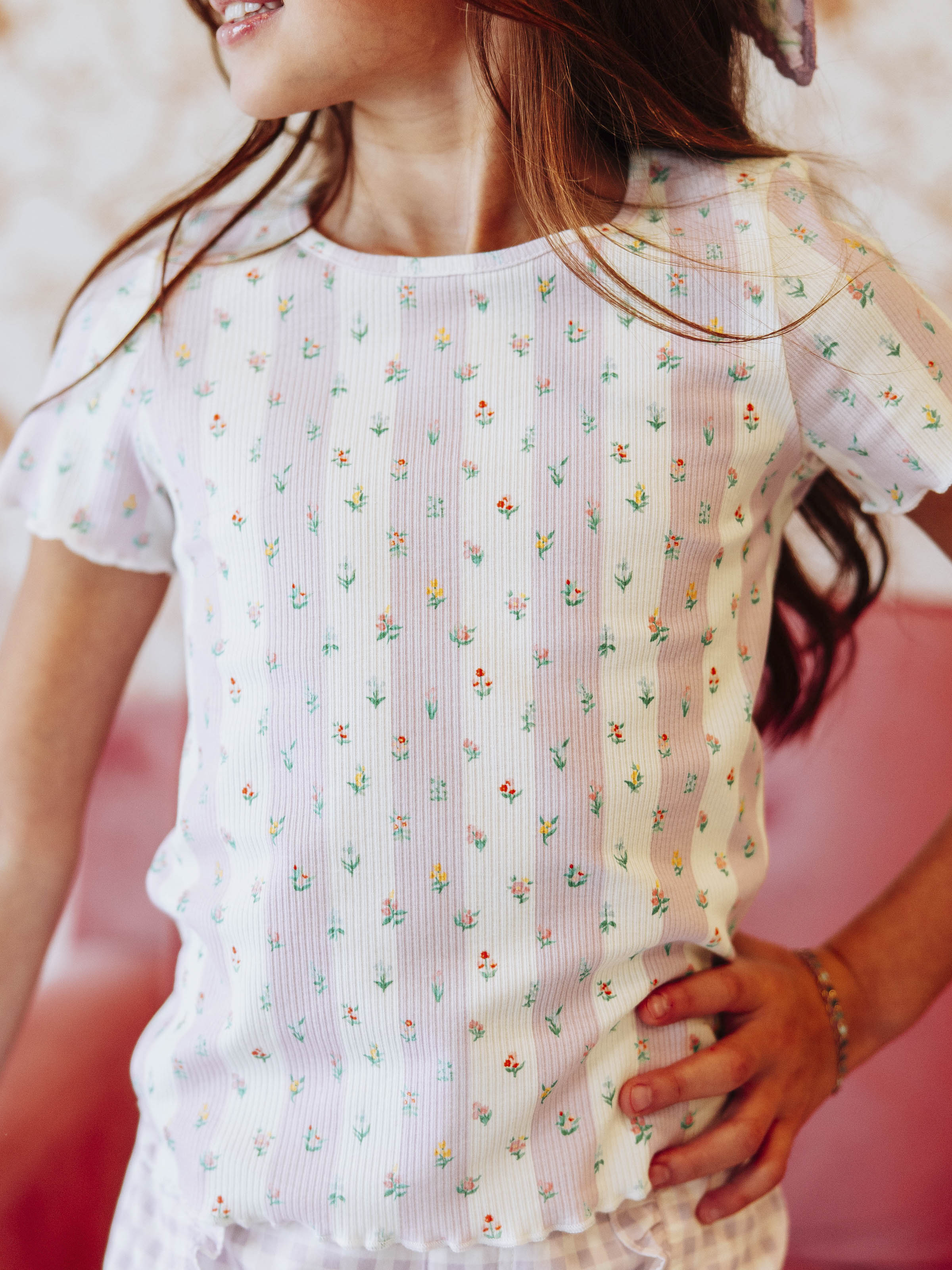 Frilled Sleeve Shirt - Floral Drop Stripe Lettuce Edge