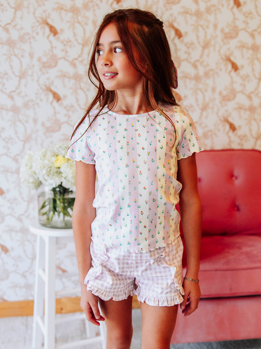 Frilled Sleeve Shirt - Floral Drop Stripe Lettuce Edge
