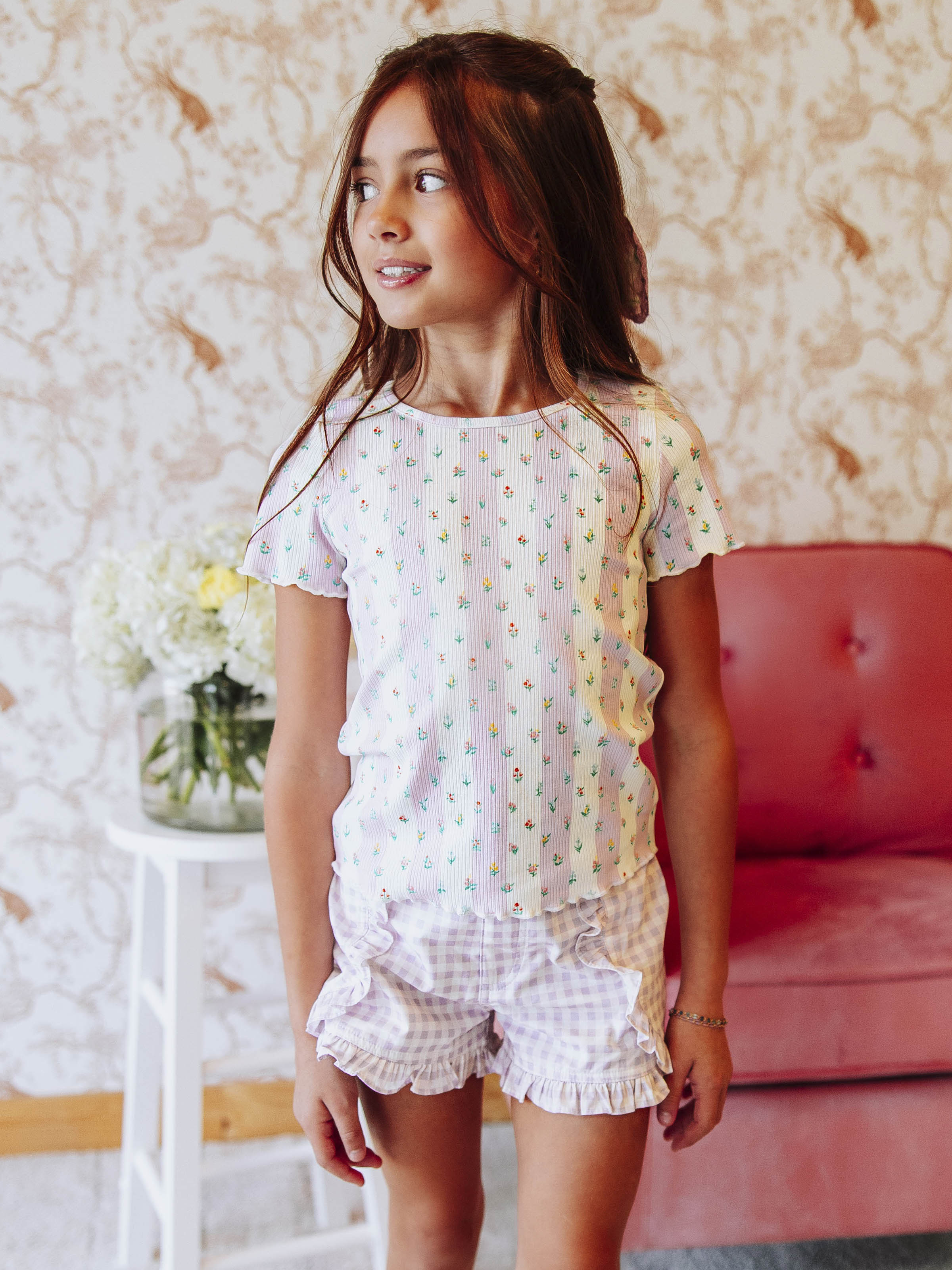 Frilled Sleeve Shirt - Floral Drop Stripe Lettuce Edge