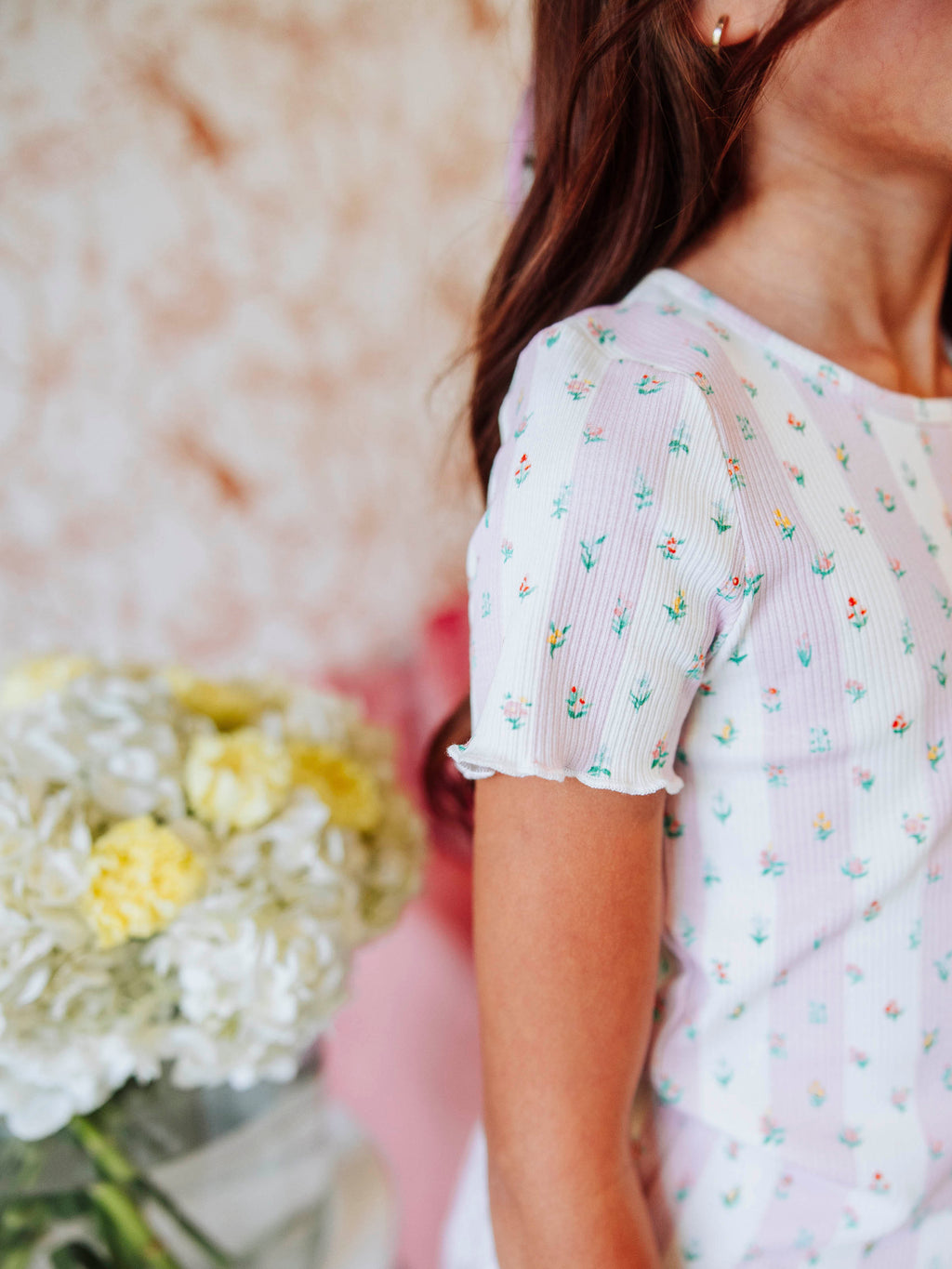Frilled Sleeve Shirt - Floral Drop Stripe Lettuce Edge