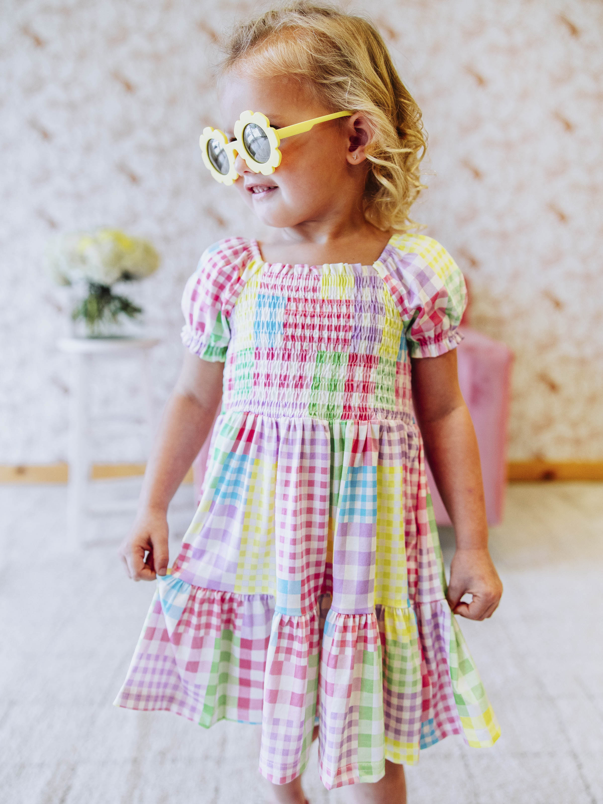 Puff Sleeve Dress - Patchwork Gingham Smocked Lined Cotton