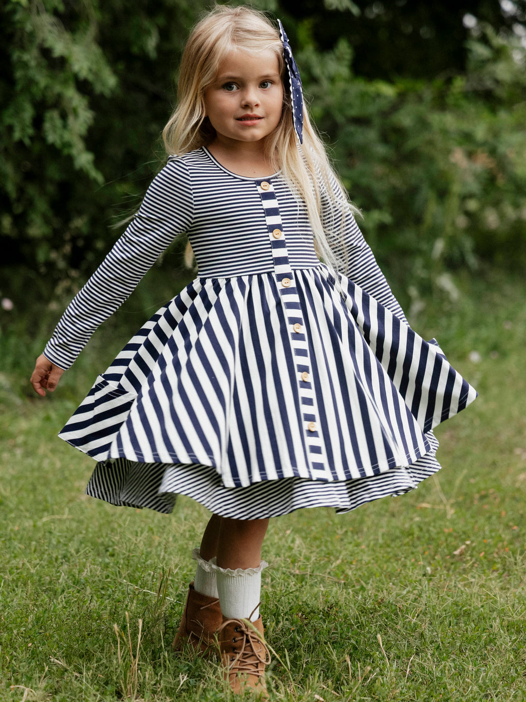 Button Front Dress - Navy Stripes Lined Bodice Double Skirt