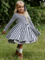 Button Front Dress - Navy Stripes Lined Bodice Double Skirt