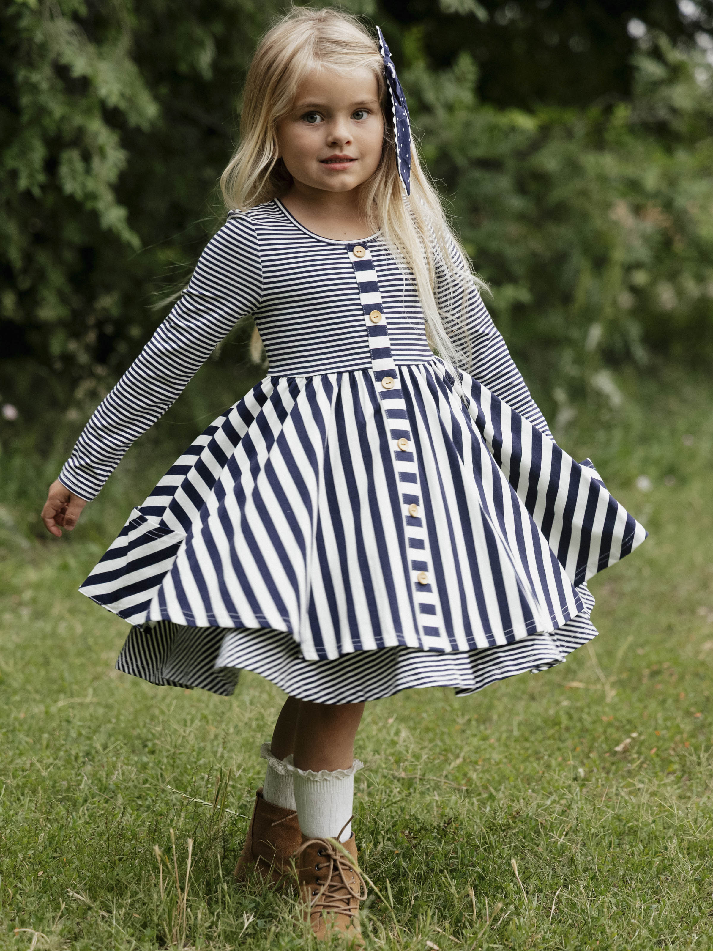 Button Front Dress - Navy Stripes Lined Bodice Double Skirt