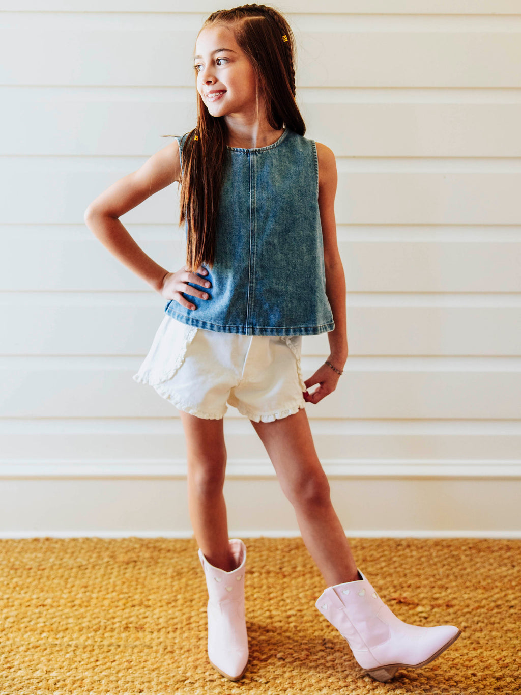 Ruffled Denim Tank - Vintage Wash Cotton Ruffle Back Placket