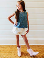 Ruffled Denim Tank - Vintage Wash Cotton Ruffle Back Placket