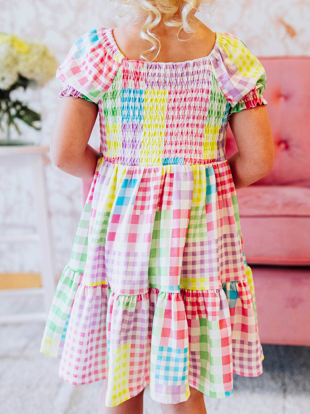 Puff Sleeve Dress - Patchwork Gingham Smocked Lined Cotton