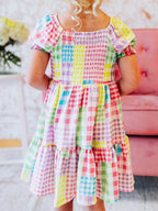 Puff Sleeve Dress - Patchwork Gingham Smocked Lined Cotton