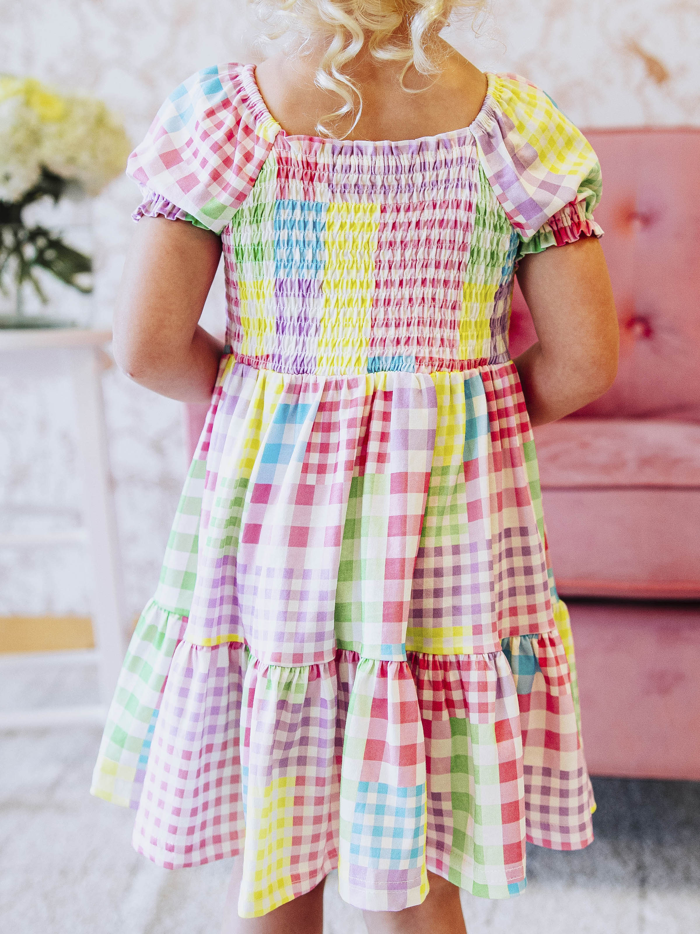 Puff Sleeve Dress - Patchwork Gingham Smocked Lined Cotton