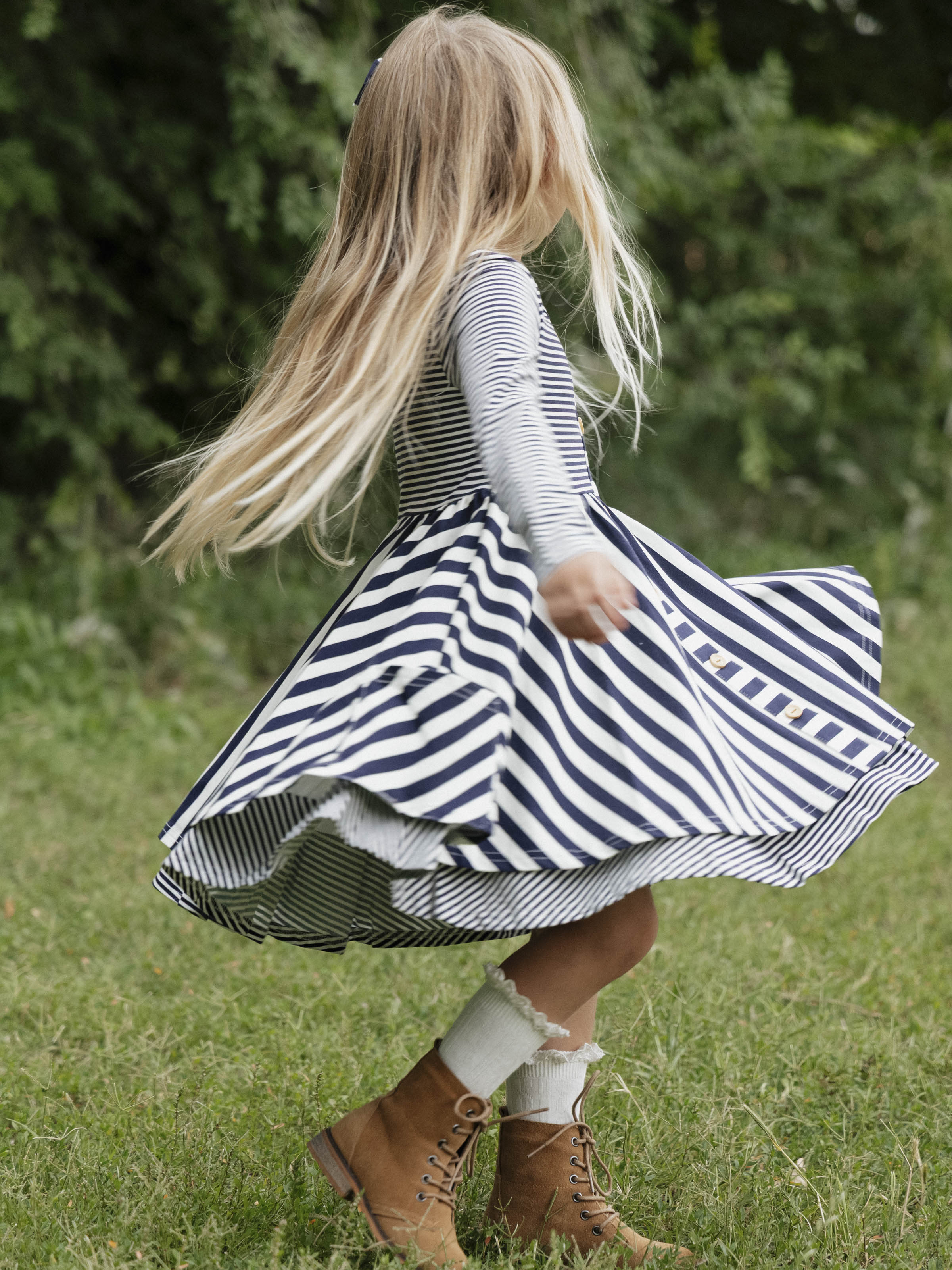 Button Front Dress - Navy Stripes Lined Bodice Double Skirt