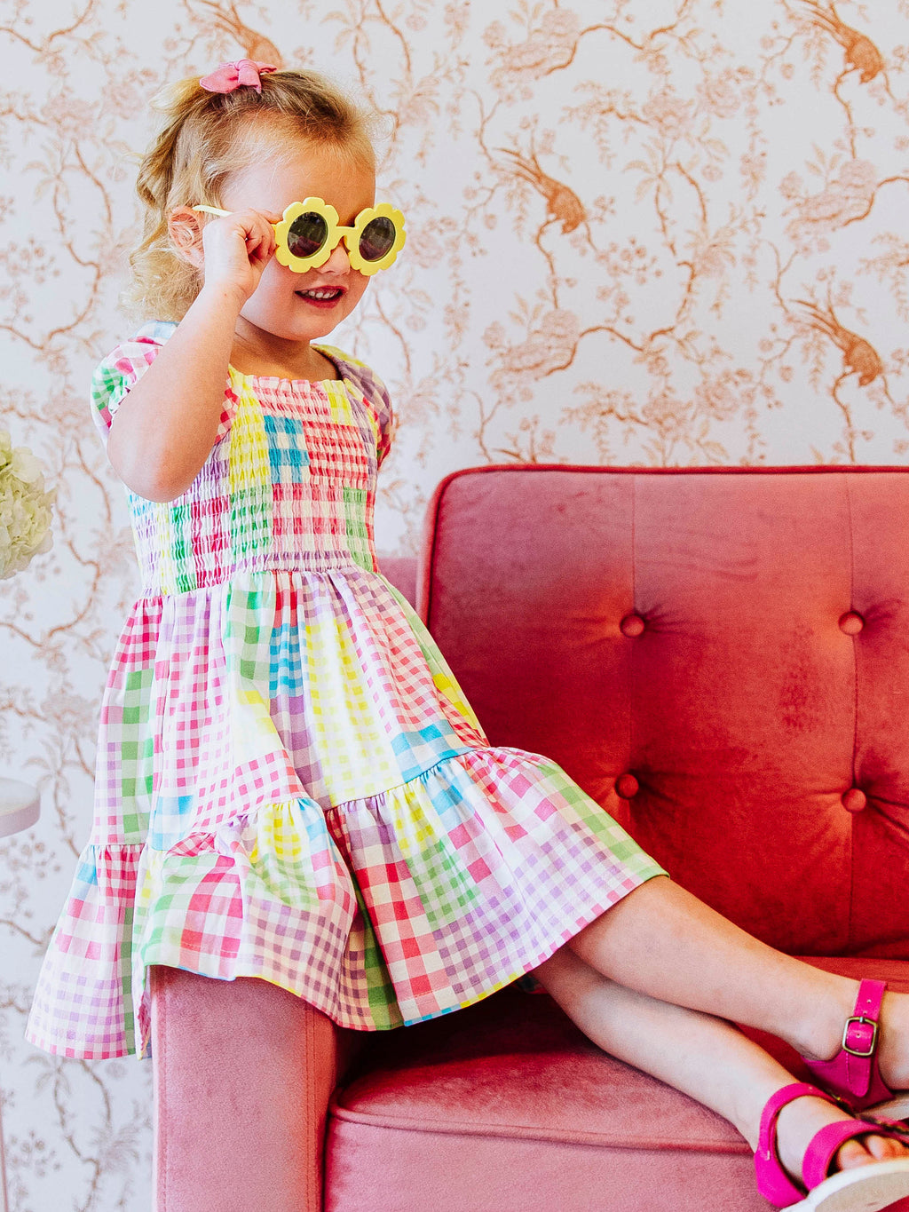 Puff Sleeve Dress - Patchwork Gingham Smocked Lined Cotton