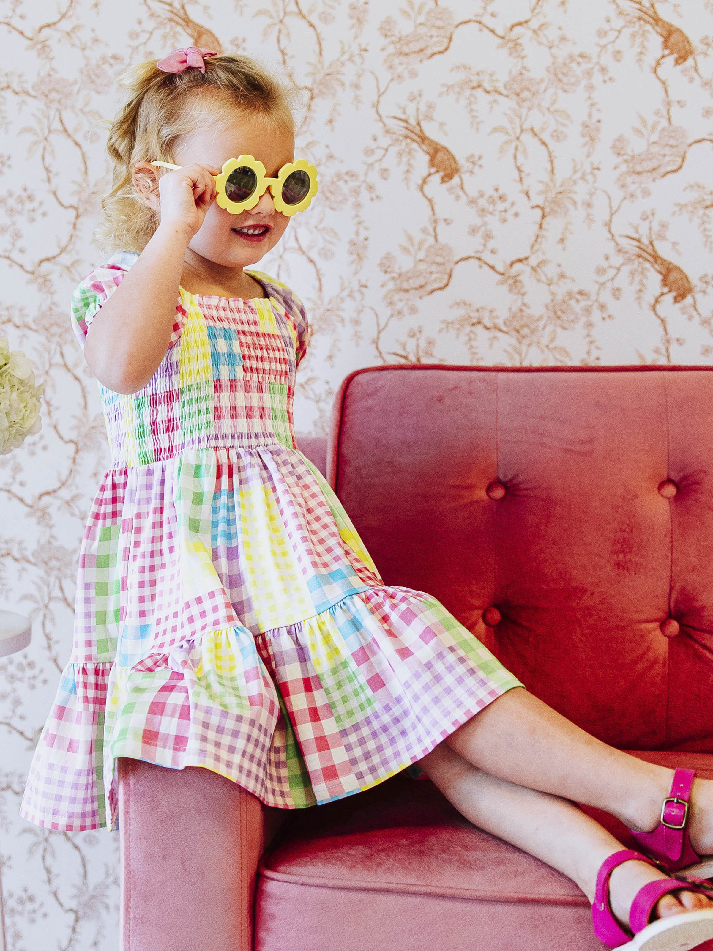 Puff Sleeve Dress - Patchwork Gingham Smocked Lined Cotton