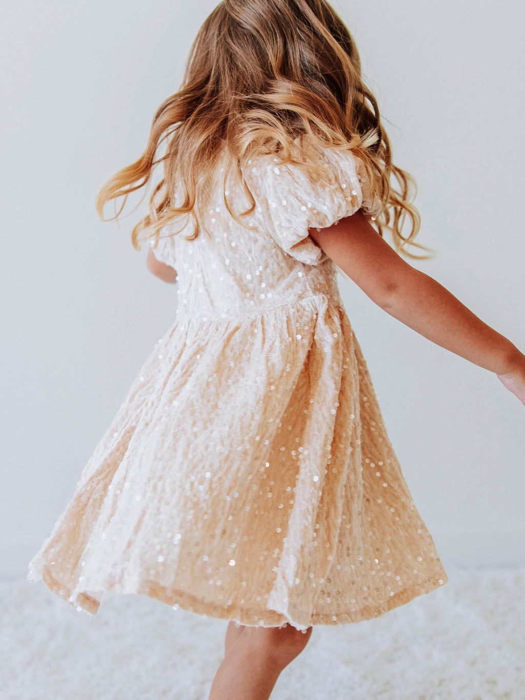 Sequin Dress - Champagne Sparkle Polyester Lined Zip Puff Sleeve