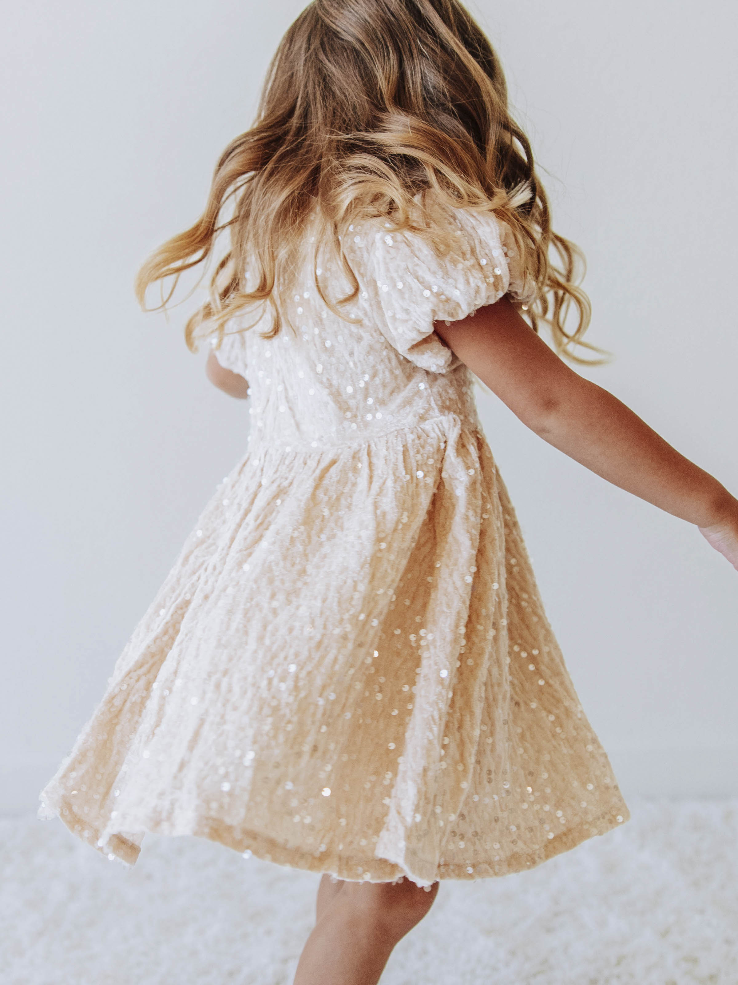 Sequin Dress - Champagne Sparkle Polyester Lined Zip Puff Sleeve