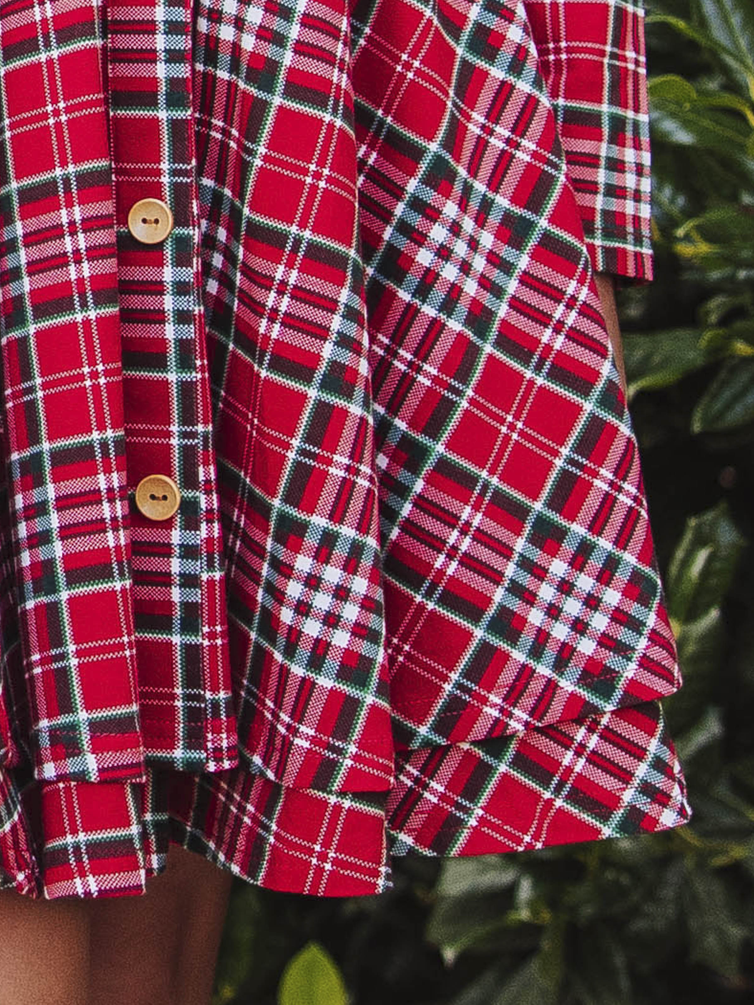 Button Front Dress - Merry Plaid Lined Collar Double Skirt