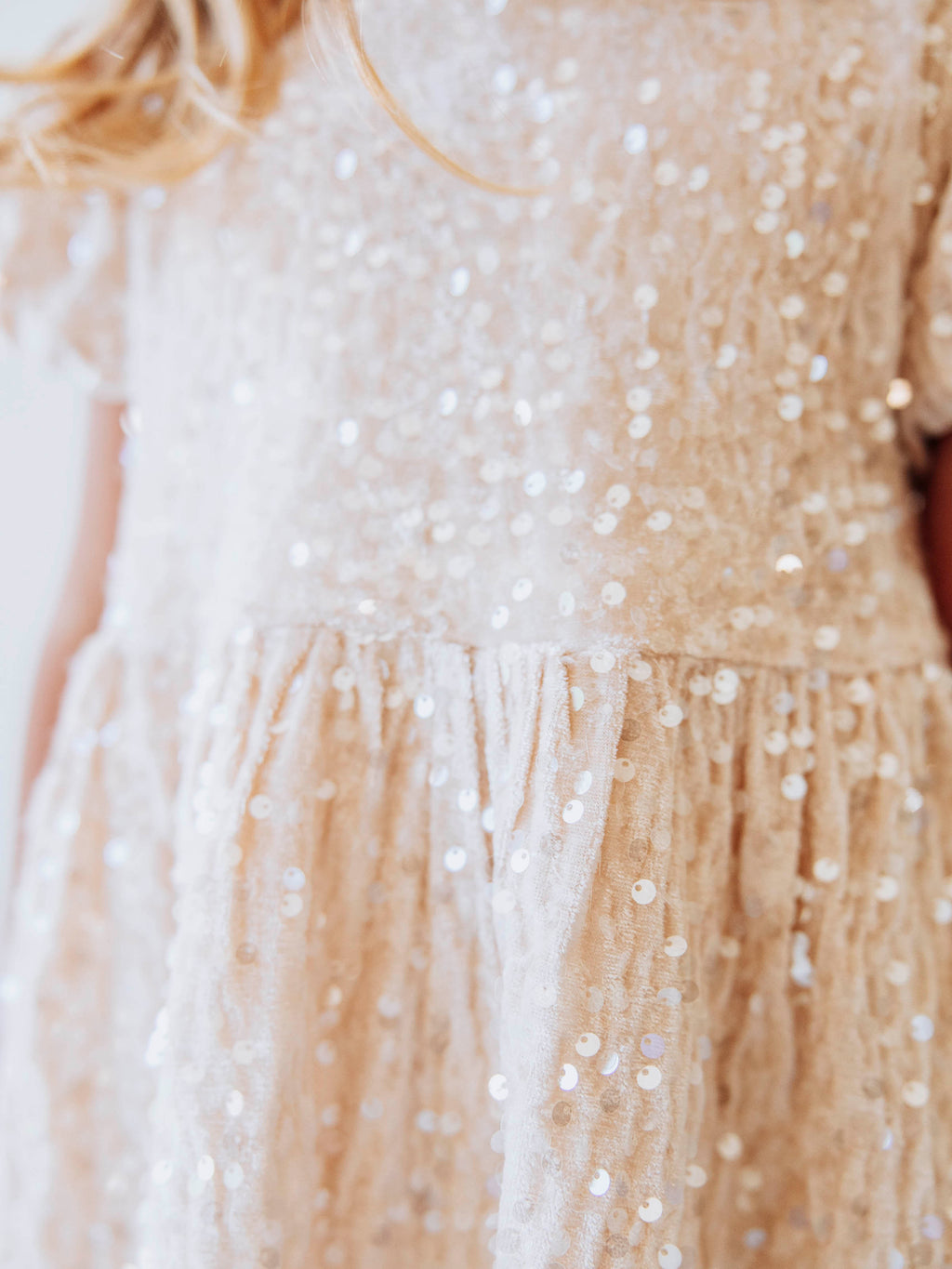 Sequin Dress - Champagne Sparkle Polyester Lined Zip Puff Sleeve