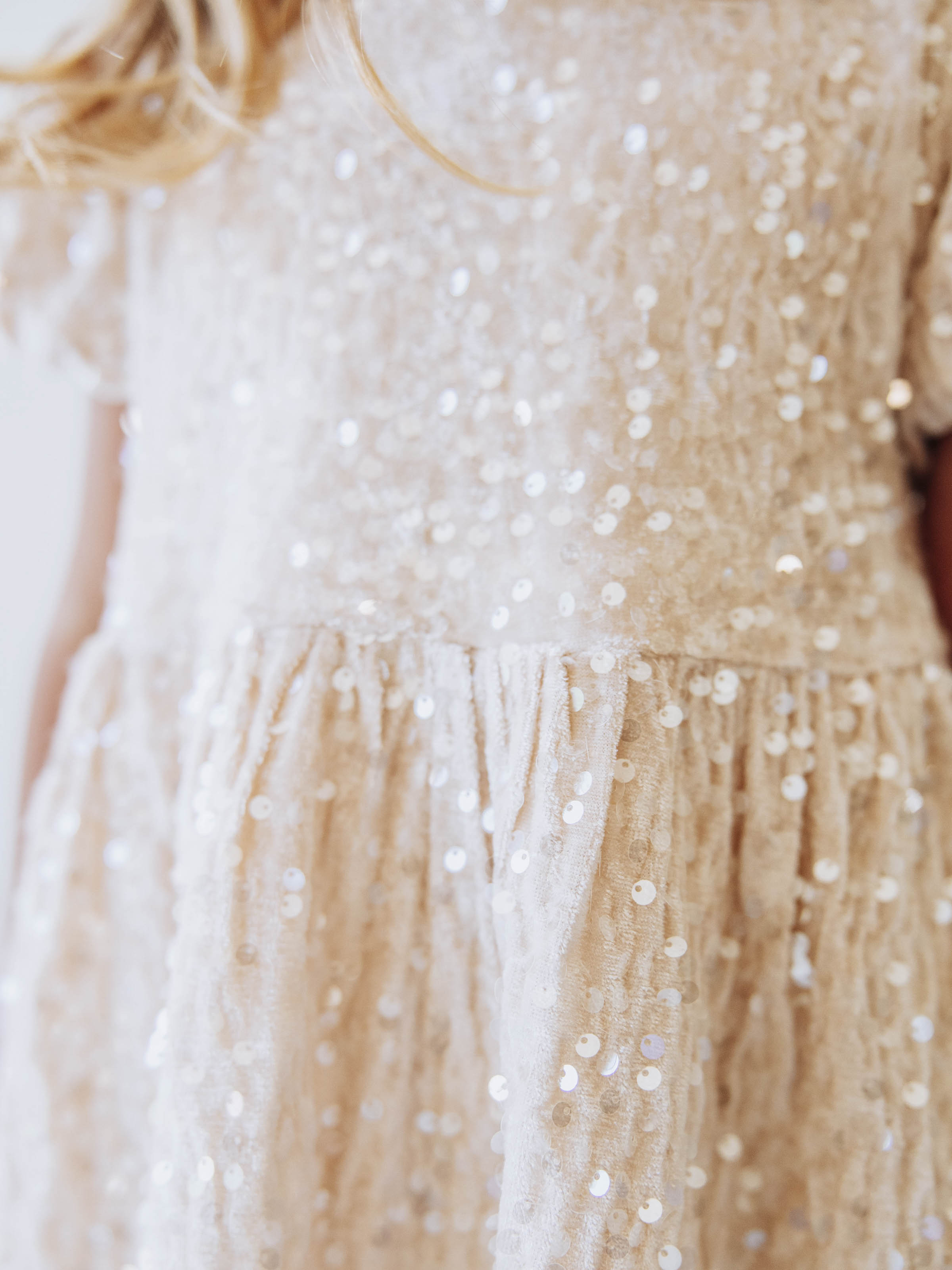 Sequin Dress - Champagne Sparkle Polyester Lined Zip Puff Sleeve